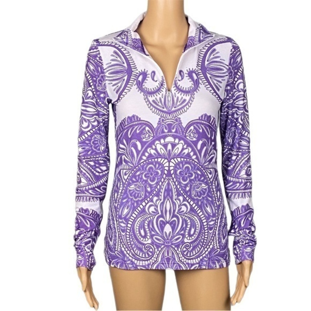 PRANA purple and white designs-super soft 1/4 zip, long sleeve top. Size XS. EUC